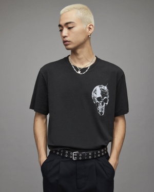 Allsaints Mirrorskull Crew Men's T Shirts Black | KJPLST239